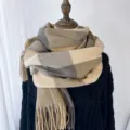Cozy winter plaid scarf for women, vintage oversized cashmere-feel shawl with elegant tassels. - G-HY37 Khaki