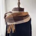 Brown beige large plaid scarf women winter warm cashmere feel fringe retro wrap variant - G-HY37 Camel