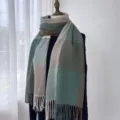 Green and brown plaid knitted winter scarf with fringe, soft warm fashion accessory for women. - G-HY62 Dark Green Plaid