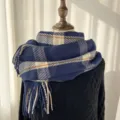 Écharpe à carreaux bleue frangée effet cachemire femme automne hiver chaude douce mode accessoire - G-HY36 bleu foncé