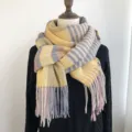 Winter plaid cashmere-feel tassel scarf warm thick women neck wrap cozy fringe muffler. - Yellow