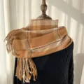 Classic brown plaid winter scarf with cozy fringe design for women and men daily wear. - G-HY36 Coffee