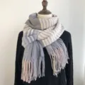 Winter warm cashmere-feel tassel scarf for women, stylish striped design cold weather accessory. - Gray