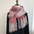 Winter warm imitation cashmere tassel scarf, pink and grey plaid cozy neck wrap for women. - Red