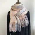 Women winter imitation cashmere scarf plaid pink grey fringe warm cozy stylish daily wear - Light Pink