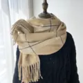 Cozy winter camel plaid scarf for women, soft imitation cashmere shawl with stylish fringe hem. - G-HY36 Khaki