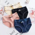 Gros plan détaillé de slips pour femmes en coton côtelé de plusieurs coloris avec nœuds. - M / Bas / Lot de 4 couleurs mixtes - Emballage premium