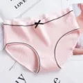 Pink ribbed cotton women briefs with black bow and contrast trim detail close up view - M / Bottoms / T12 Pink