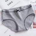 Grey ribbed women panties detail view featuring cute bowknot and soft cotton fabric texture. - M / Bottoms / T12 Gray