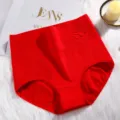 Red cotton high-waist women panties with embossed rose design, comfortable tummy control style. - L / Bright Red