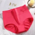 Cotton high waisted women panties tummy control pink rose embossed briefs comfortable underwear - L / Melon Red