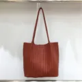 Fashionable brown woven leather tote bag for women, large capacity casual shoulder bag. - Red