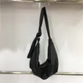 Large capacity retro soft leather pleated hobo bag, Korean style casual shoulder bags. - Black - Matte