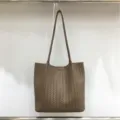 Stylish women woven shoulder tote bag, large capacity casual designer style handbag for summer. - Mud Color