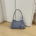 Stylish light blue woven leather shoulder bag chic underarm baguette handbag for daily use - Dark Blue