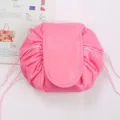Pink drawstring cosmetic bag, large capacity travel makeup organizer pouch for daily use. - Deep Pink