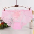 Women sexy pink lace panties featuring delicate floral embroidery and breathable cotton crotch. - Pink