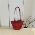 Red woven leather tote bag summer hollow shoulder bucket bag casual handbag stylish - Red