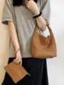 Brown woven leather handbag and matching pouch set, casual daily tote and mother-child bag. - Caramel Brown with Woven Inner Bag