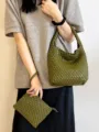 Handmade woven green leather hobo shoulder bag with matching clutch for daily casual wear - Olive Green with Woven Inner Bag