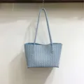 Light blue woven leather shoulder tote bag, classic woven pattern design, soft texture handbag. - Light Blue