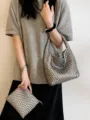Silver woven leather shoulder bag, versatile daily handbag with chic intrecciato design for women. - Antique Silver with Woven Inner Bag