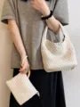 Woven shoulder bucket bag and pouch set for women, casual daily hobo handbag in beige. - Milk White with Woven Inner Bag