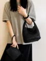 Black woven leather bucket bag set, stylish daily shoulder crossbody bag for women. - Black with Woven Inner Bag
