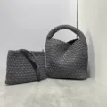 Woven leather bucket bag stylish daily shoulder handbag large capacity casual versatile purse for women - Gray with Woven Inner Bag