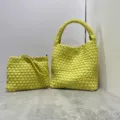 Yellow Woven Leather Bucket Bag Set Handbag Crossbody Bag Medium Size PU Leather - Lemon Yellow with Woven Inner Bag