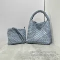 Woven bucket bag set medium fog blue leather shoulder bag daily casual handbag stylish purse - Haze Blue - Includes Woven Inner Bag