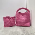 Woven leather bucket bag set with shoulder strap, medium pink daily handbag for women. - Rose Red - Includes Woven Inner Bag