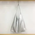 Silver metallic slouchy shoulder bag soft leather hobo tote bag casual daily purse - Silver