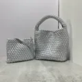 Silver woven bucket bag set, handmade leather handbag, casual shoulder bag for women stylish. - Bright Silver - Includes Woven Inner Bag