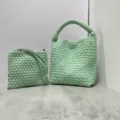 Green woven bucket bag set with pouch and leather strap for women daily casual use. - Spring Green - Includes Woven Inner Bag