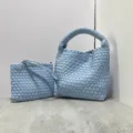 Light blue woven bucket bag set with pouch and leather strap, daily casual crossbody bag. - Sky Blue - Includes Woven Inner Bag