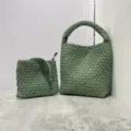 Green woven bucket bag set with pouch and leather strap, medium size daily shoulder bag. - Bean Green - Includes Woven Inner Bag