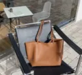 Brown slouchy leather tote bag for women, minimalist daily shoulder bag with double straps. - Brown