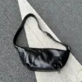 Black oil wax leather croissant shoulder bag versatile retro dumpling crossbody bag - Black