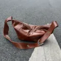 Vintage oil wax leather crossbody bag brown soft slouchy croissant shoulder bag - Brown