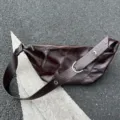 Dark brown oil-wax leather shoulder crossbody bag, retro soft crescent dumpling bag with wide strap. - Coffee