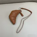 Brown leather croissant coin purse with long lanyard cute crescent keychain mini bag for women - Brown