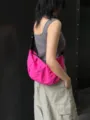 Pink crescent shoulder bag for women, casual waterproof nylon crossbody dumpling bag. - Rose Red