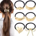 Gold metallic hair ties set, stylish ponytail holder elastic bands for women and daily hair styling. - Heart Bow (Set 2) / Set of 6 / Gold