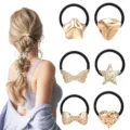 Gold metallic hair ties set with stylish geometric shapes for elegant ponytails and buns. - Star Heart Bow Style (Set 4) / Set of 6 / Gold