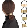 Gold metal hair cuff ponytail holder detail and multi-style elastic hair ties close-up view. - Simple Ponytail Holder Set (Set 6) / Set of 4 / Gold