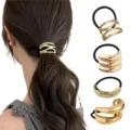 Metal hair tie gold ponytail holder elegant geometric elastic hair band for women and girls style. - Irregular Geometric Set (Set 7) / Set of 4 / Gold