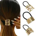 Gold metal hair tie ponytail holder geometric hair ring elastic hair band fashion accessories - Geometric Shape (Set 8) / Set of 3 / Gold