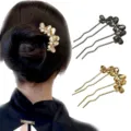 New Chinese style crystal flower hair fork elegant u shaped bun hairpin hair accessories for women - Multi-Prong Fork Two-Color Combo Set (1132-10) / 2 Pcs/Set