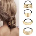 Gold metal hair tie set, geometric ponytail holder, minimalist hair cuff detail shot. - Hammered Double Ring Heart Set (Set 18) / Set of 4 / Gold
